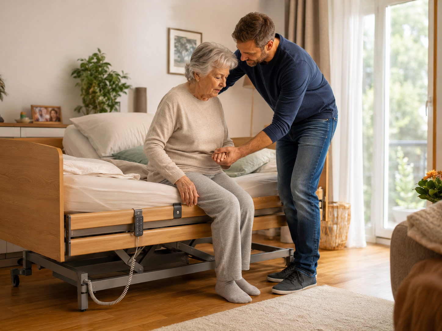 Oma sitzt im Pflegebett im Pflegezimmer