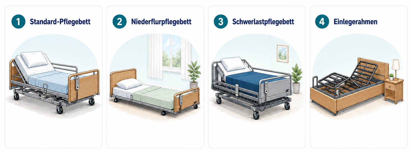 Standard-Pflegebett, Niederflurpflegebett oder Schwerlastbett