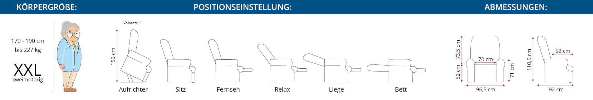 Abmessungen XXL Sessel mit 2 Motoren