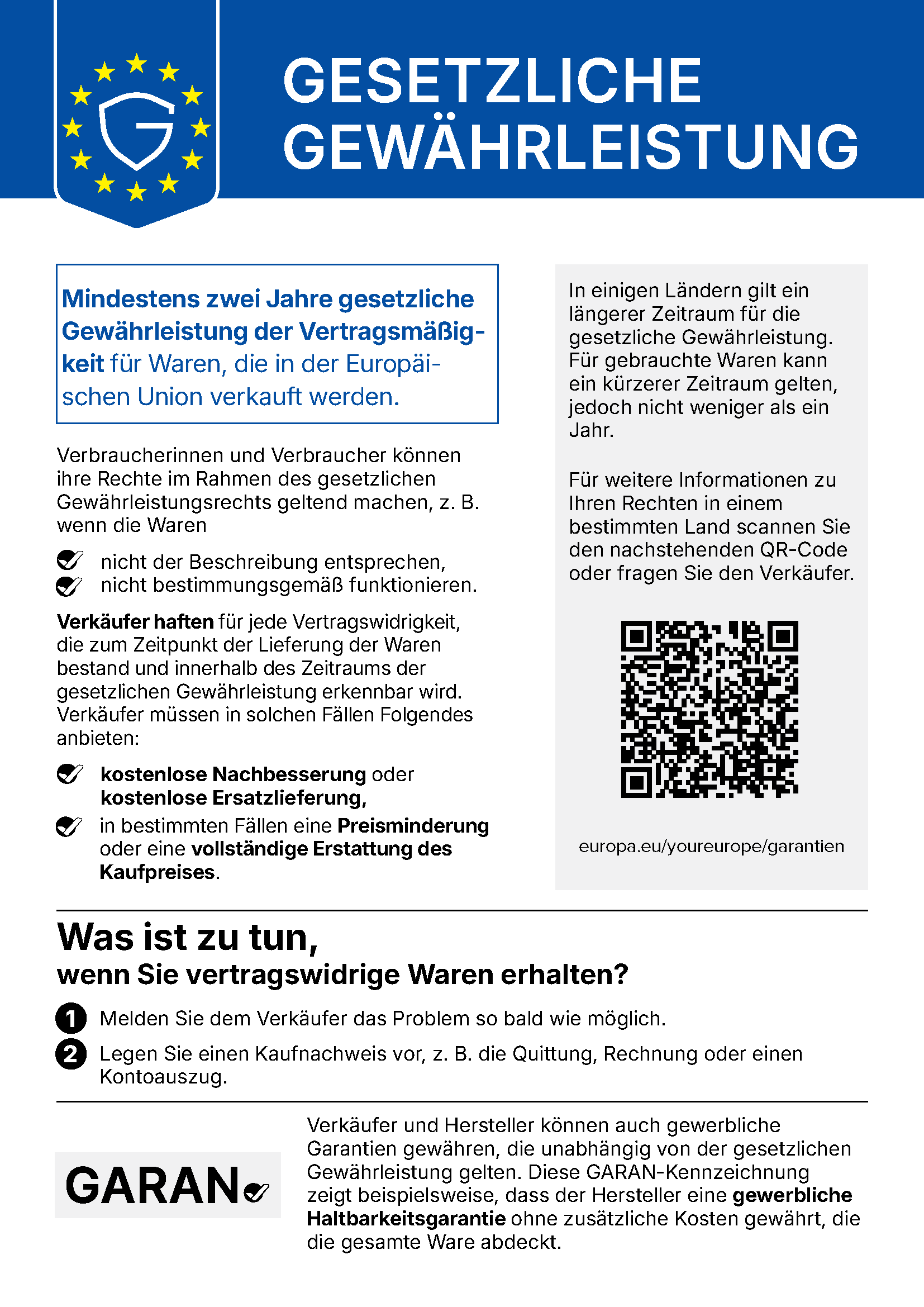 Hinweis zum gesetzlichen Gewährleistungsrecht