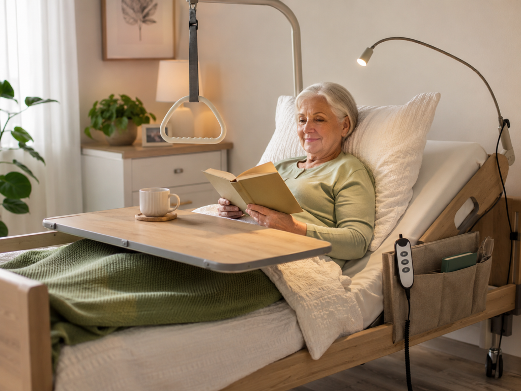 Oma liest im Pflegebett