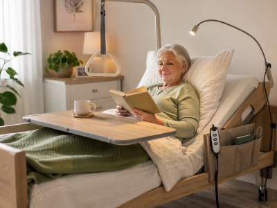 Oma liest im Pflegebett