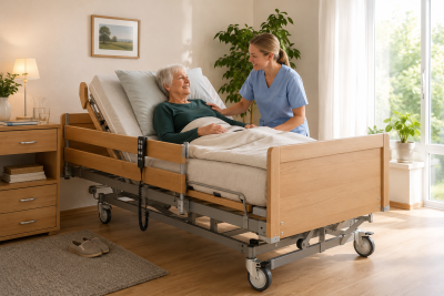 Pflegebett mit Oma und Pflegekraft