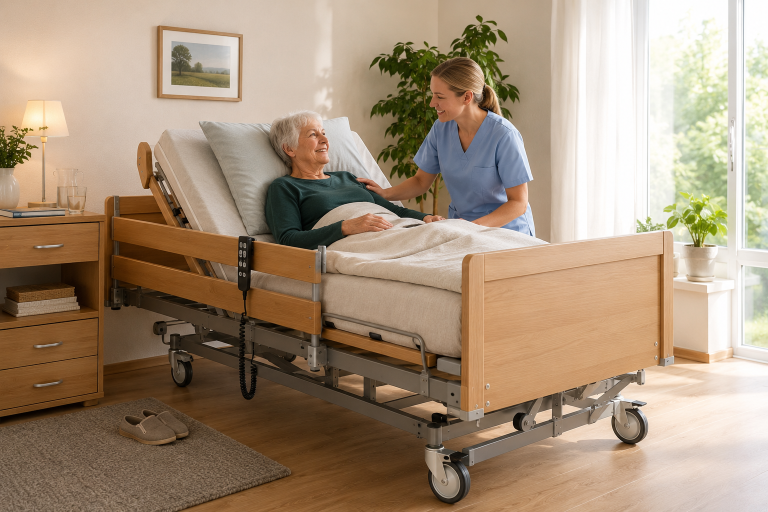 Pflegebett mit Oma und Pflegekraft